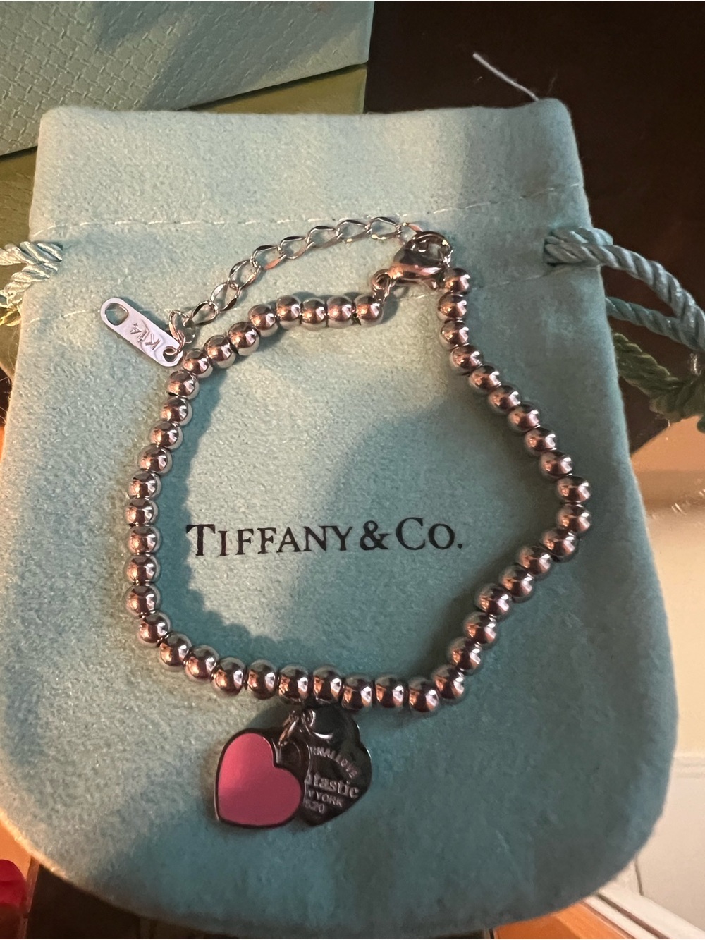Tiffany & Co. Silver Bead Bracelet with Pink Heart Charm - Picture 2 of 6